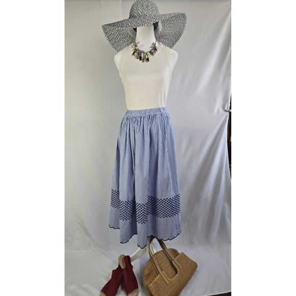 J.Crew Blue White Striped Eyelet Scallop Hem Midi Skirt CA194 Womens Medium NEW - Picture 5 of 8